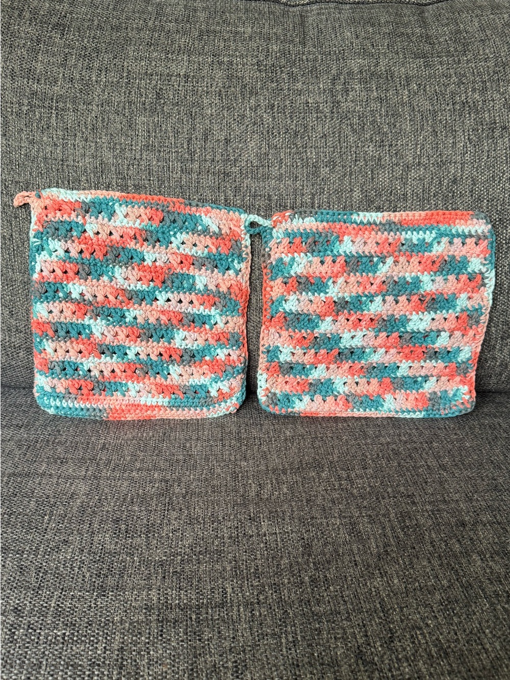Handmade Crochet Pot Holders in Coral, Teal & Light Blue